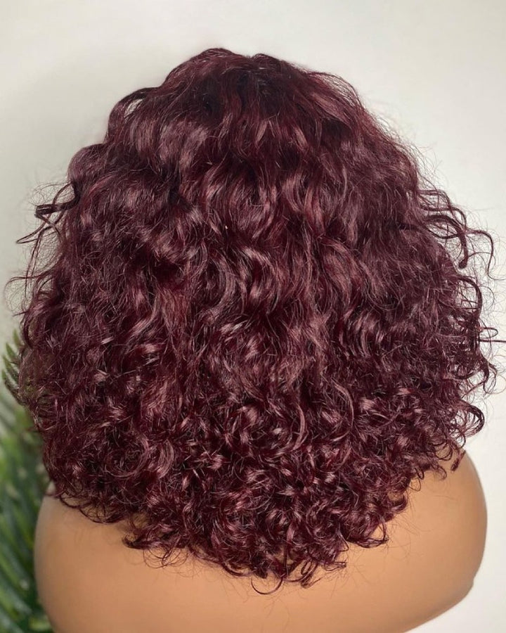 Beginner Friendly Glueless Burgundy Curly Bangs Wig
