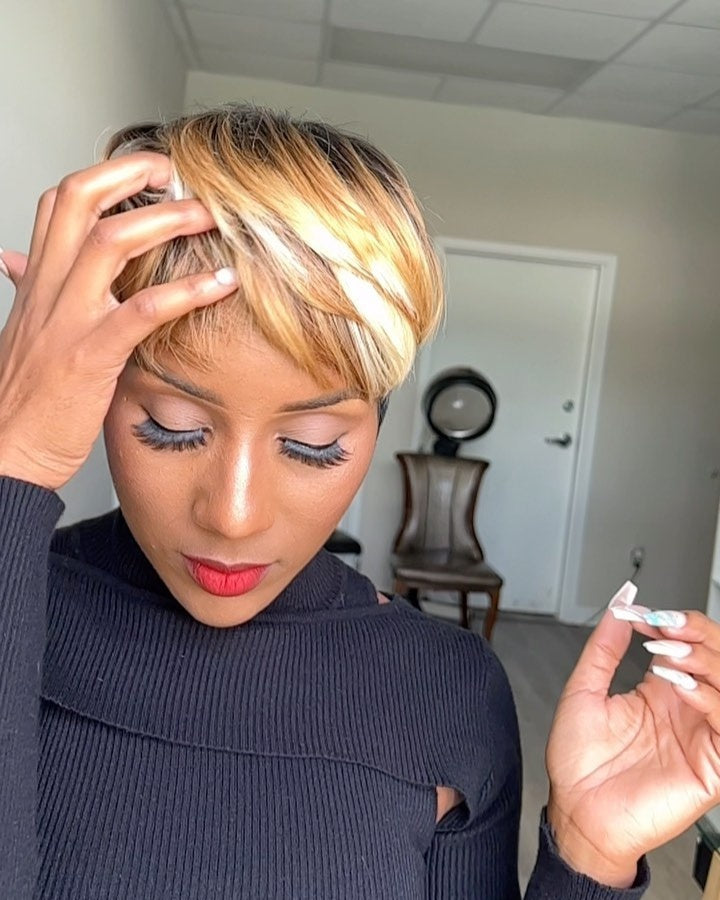 Short Honey Blonde Brown Highlight Bangs Wig Remy Hair