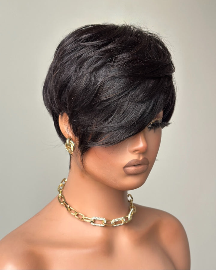 Long Layered Side Bangs Pixie Cut Human Hair Wig