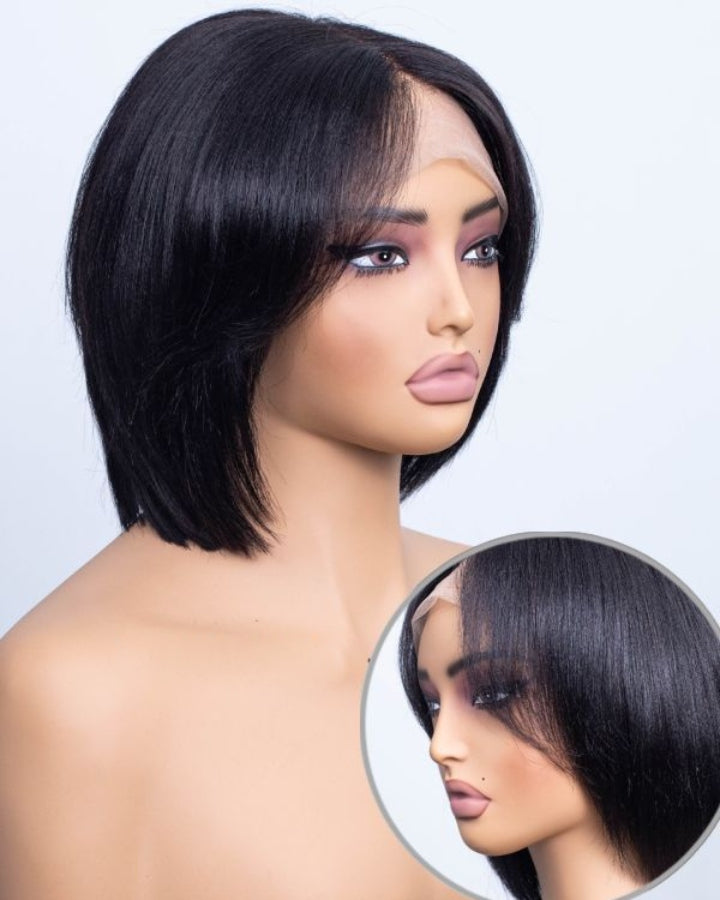 Short Hair Yaki Bob With Curtain Bangs 5x5 Lace Closure Wig