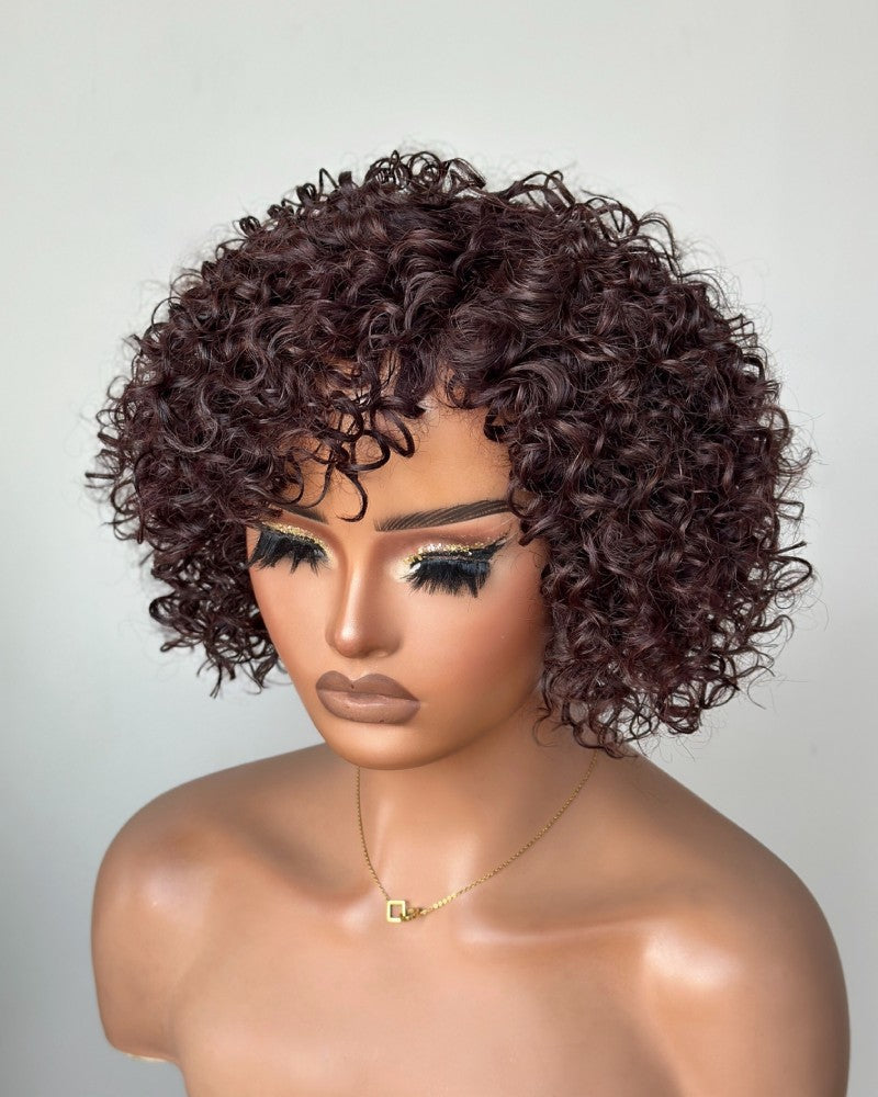 Put on & Go Brown Pixie Cut Curly Bob Wig 100% Human Hair