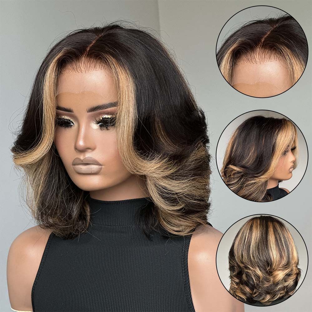 Blonde Highlights Layered Wavy Bob Lace Wig