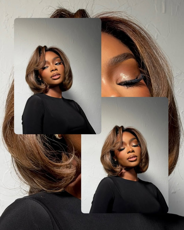 Dark Gold Highlighted Layered Wavy Curtain Bangs Lace Front Wig