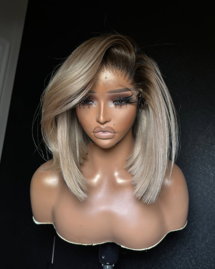 White Blonde With Dark Roots Side parted 13x4 Frontal Lace Wig
