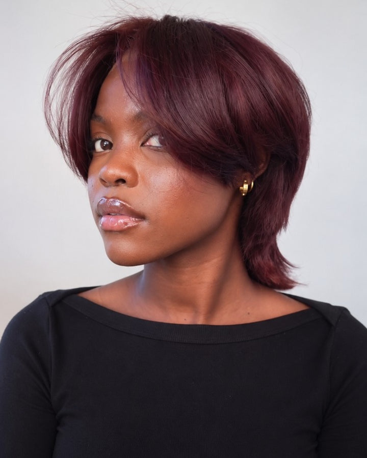 99J Burgundy Feathered Mullet 7x5 Drawstring Lace Wig with Bangs