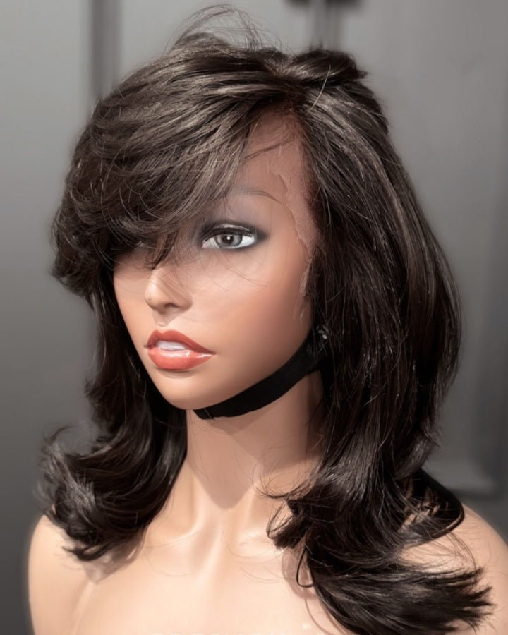 90s Fine Natural Black Layered Wavy with Side Swept Bangs Lace Front Wig