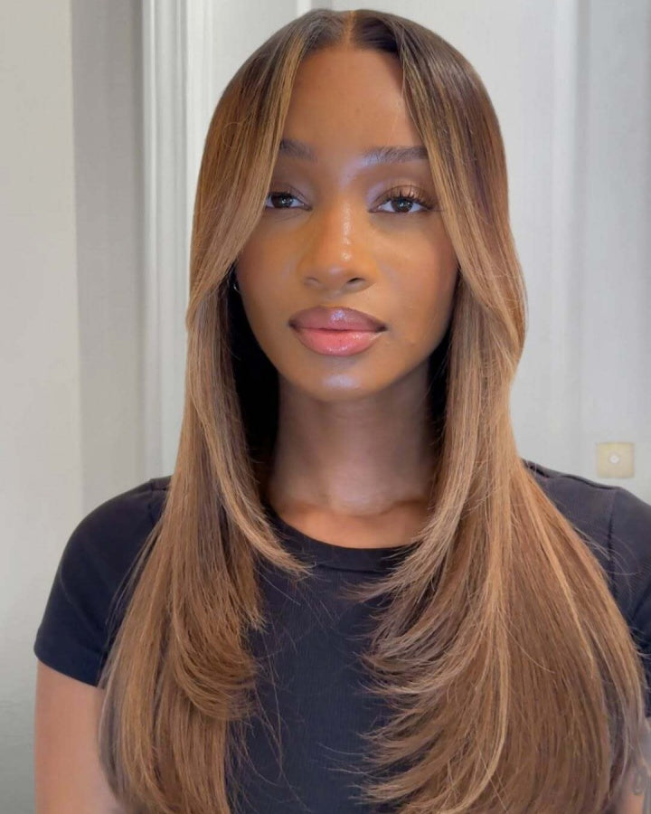 Highlighted Layered Wavy Golden Brown Lace Front Wig With Bangs