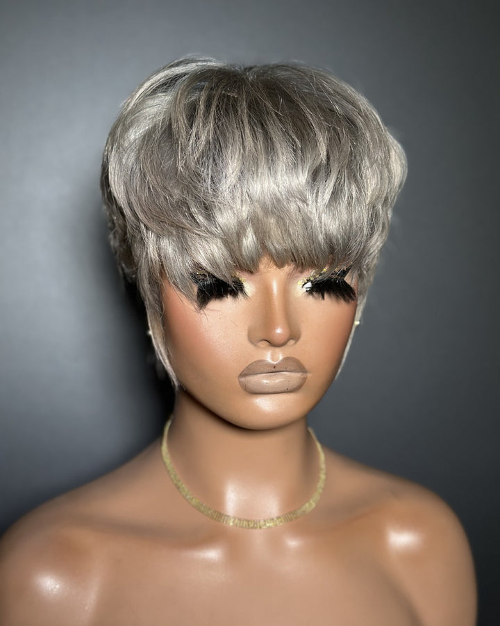 Ash Grey Layered Pixie Cut Glueless Human Hair Wig With Bangs