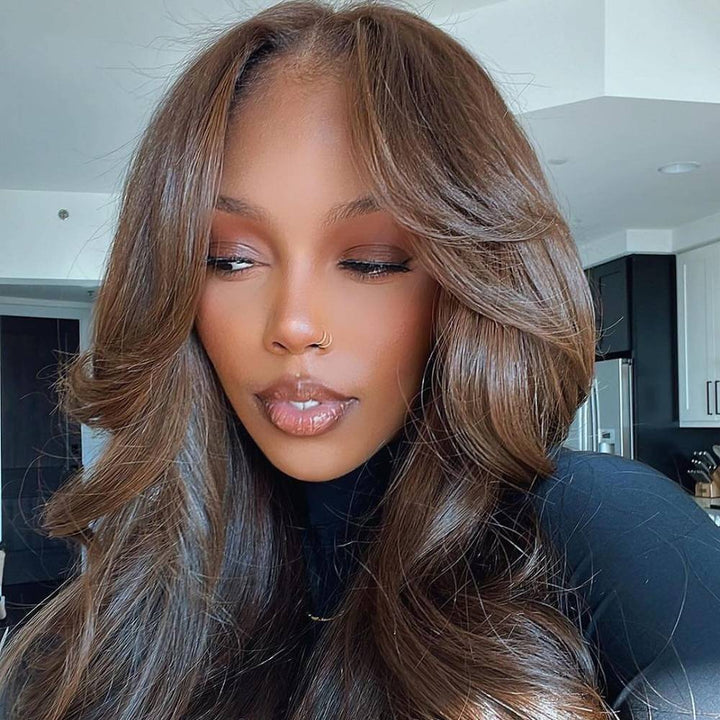 Camel Brown Layered Cut With Curtain Bang 13X4 Lace Front Wig