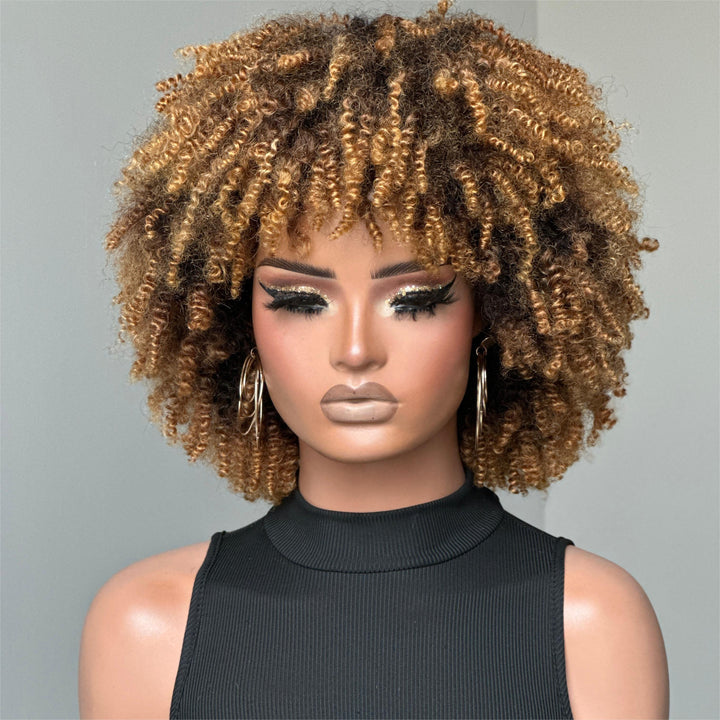 Wear & Go Honey Blonde Highlights Afro Kinky Coily Glueless Bob Wig With Bangs