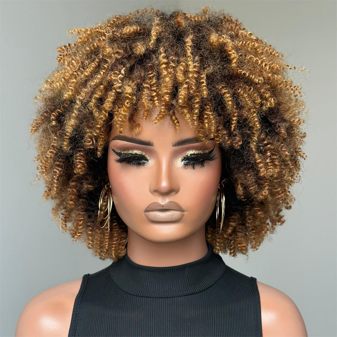 Wear & Go Honey Blonde Highlights Afro Kinky Coily Glueless Bob Wig With Bangs