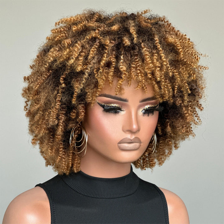 Wear & Go Honey Blonde Highlights Afro Kinky Coily Glueless Bob Wig With Bangs