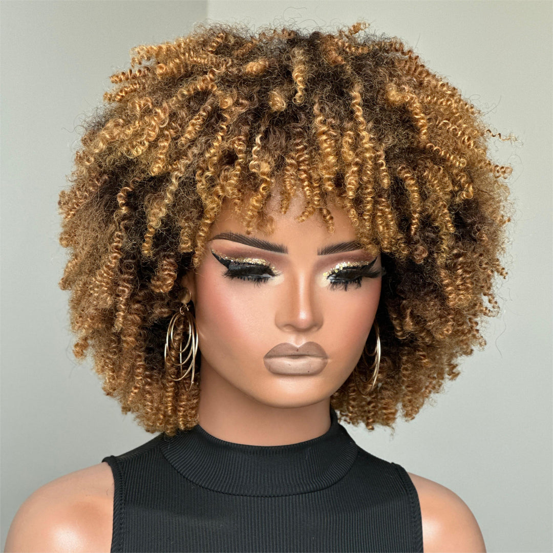 Wear & Go Honey Blonde Highlights Afro Kinky Coily Glueless Bob Wig With Bangs