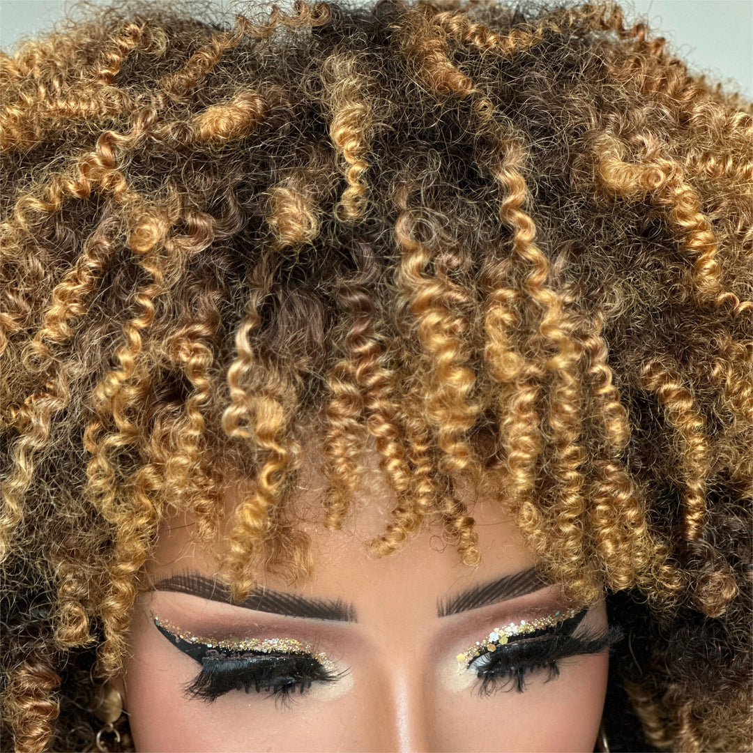 Wear & Go Honey Blonde Highlights Afro Kinky Coily Glueless Bob Wig With Bangs