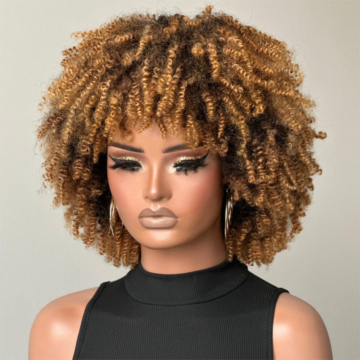 Wear & Go Honey Blonde Highlights Afro Kinky Coily Glueless Bob Wig With Bangs