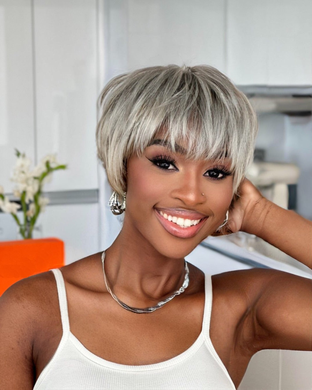 Ash Grey Layered Pixie Cut Glueless Human Hair Wig With Bangs