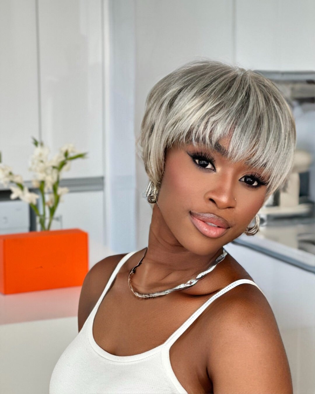 Ash Grey Layered Pixie Cut Glueless Human Hair Wig With Bangs