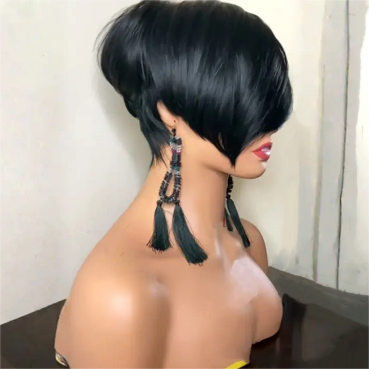 Short Pixie Cut Glueless Human Hair Long Bangs Wig