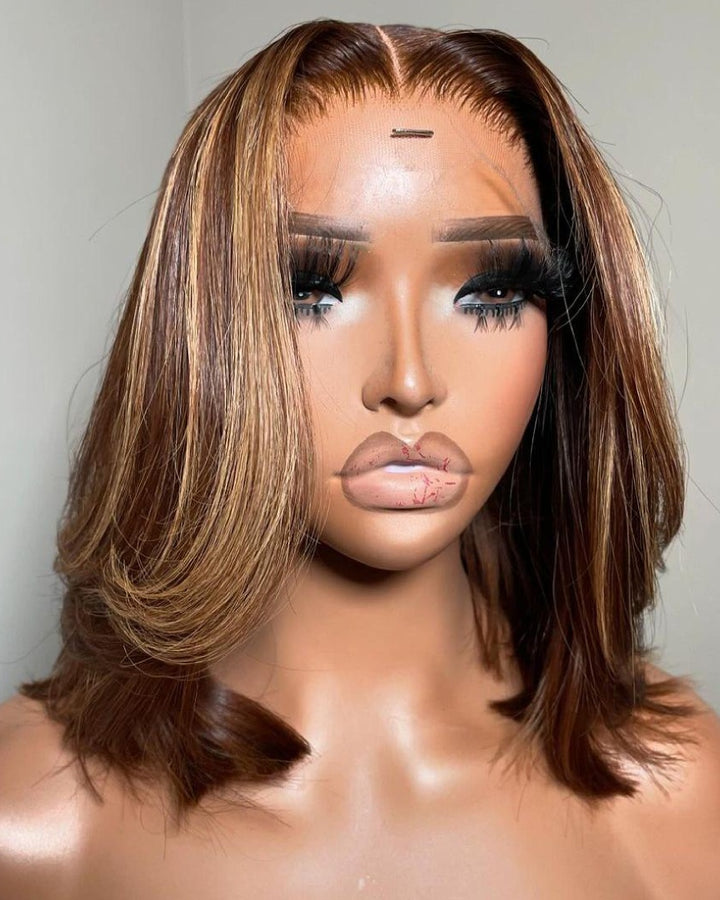 Layered Short Bob Brown Hair With Blonde Highlights Lace Front Wig