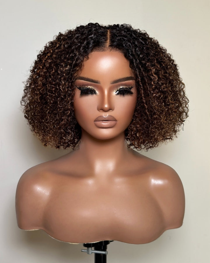 Ombre Brown Highlights Kinky Curly With Kinky Edges Bob Wig