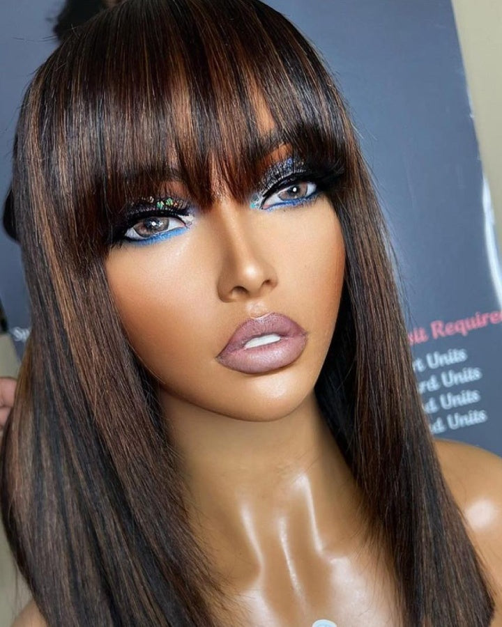 Brown Highlight With Bangs Mechanism Wig