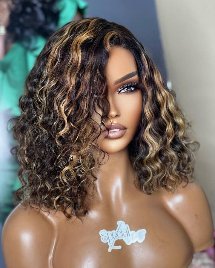 Gold Black Mixed Highlight Water Wave 13x4 Lace Front Wig