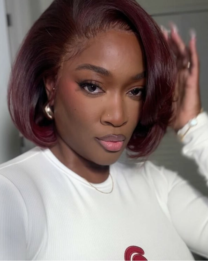 Burgundy Side Part Bob Human Hair Invisible Lace Front Wig