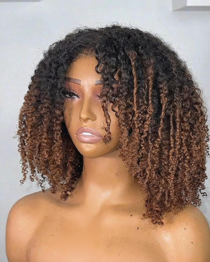 Ombre Brown Burmese Kinky Afro 13x4 Lace Curly Frontal Wig With Kinky Edges