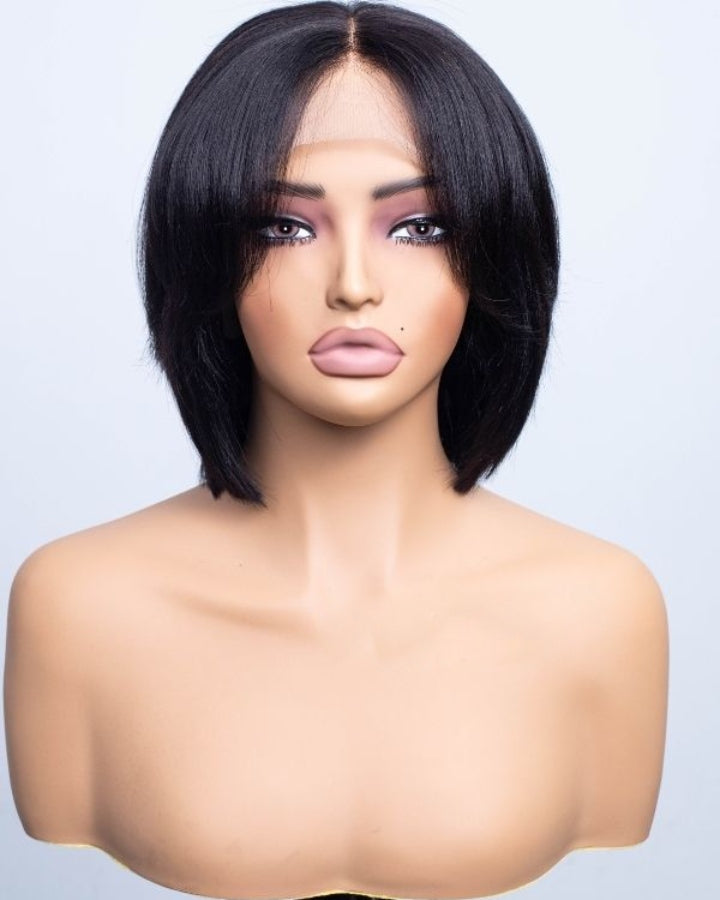 Short Hair Yaki Bob With Curtain Bangs 5x5 Lace Closure Wig