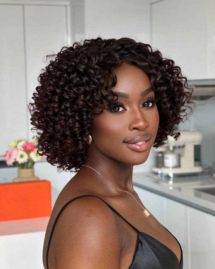 Ombre Reddish Brown Pixie Curly 5x5 Lace Closure Wig With Bangs