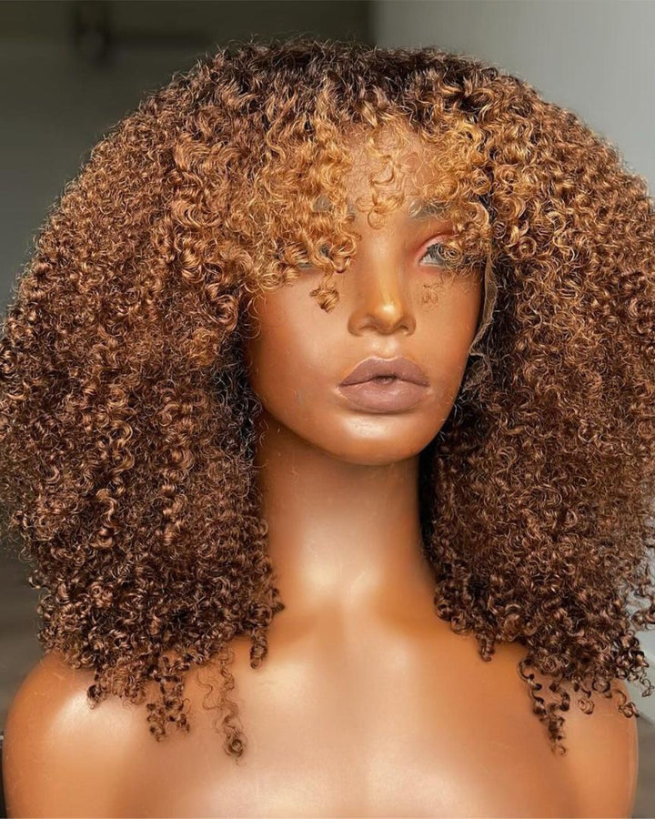 Glueless Brown With Blonde Highlight Curly Wig With Bang