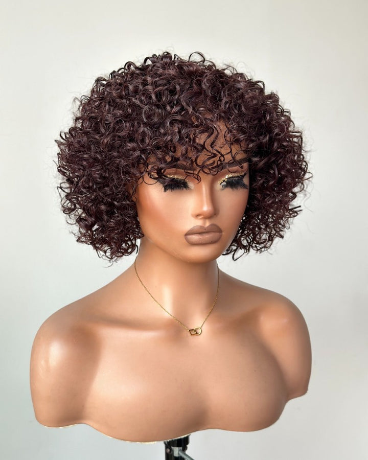 Put on & Go Brown Pixie Cut Curly Bob Wig 100% Human Hair