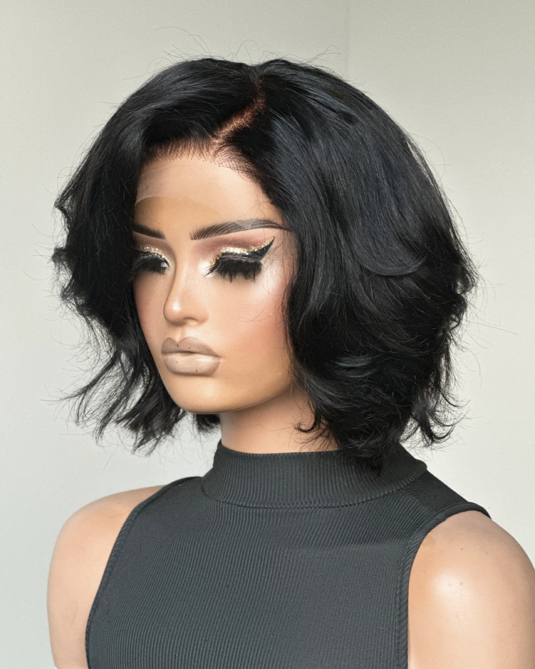 Natural Black Layered Fluffy Bob 5x5 Lace Closure Wig