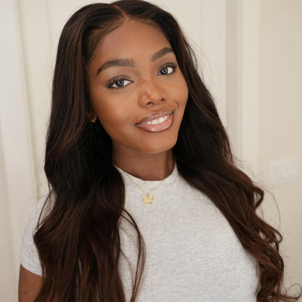 Brown Hair Wig With Caramel Highlights Lace Frontal Wig