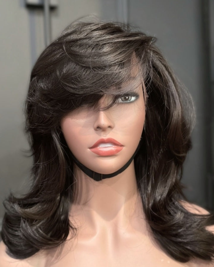 90s Fine Natural Black Layered Wavy with Side Swept Bangs Lace Front Wig