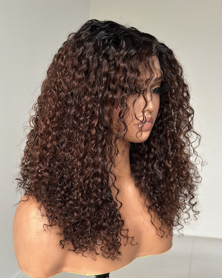 Coffee Brown Bangs Curly 5x5 Lace Closure Wig