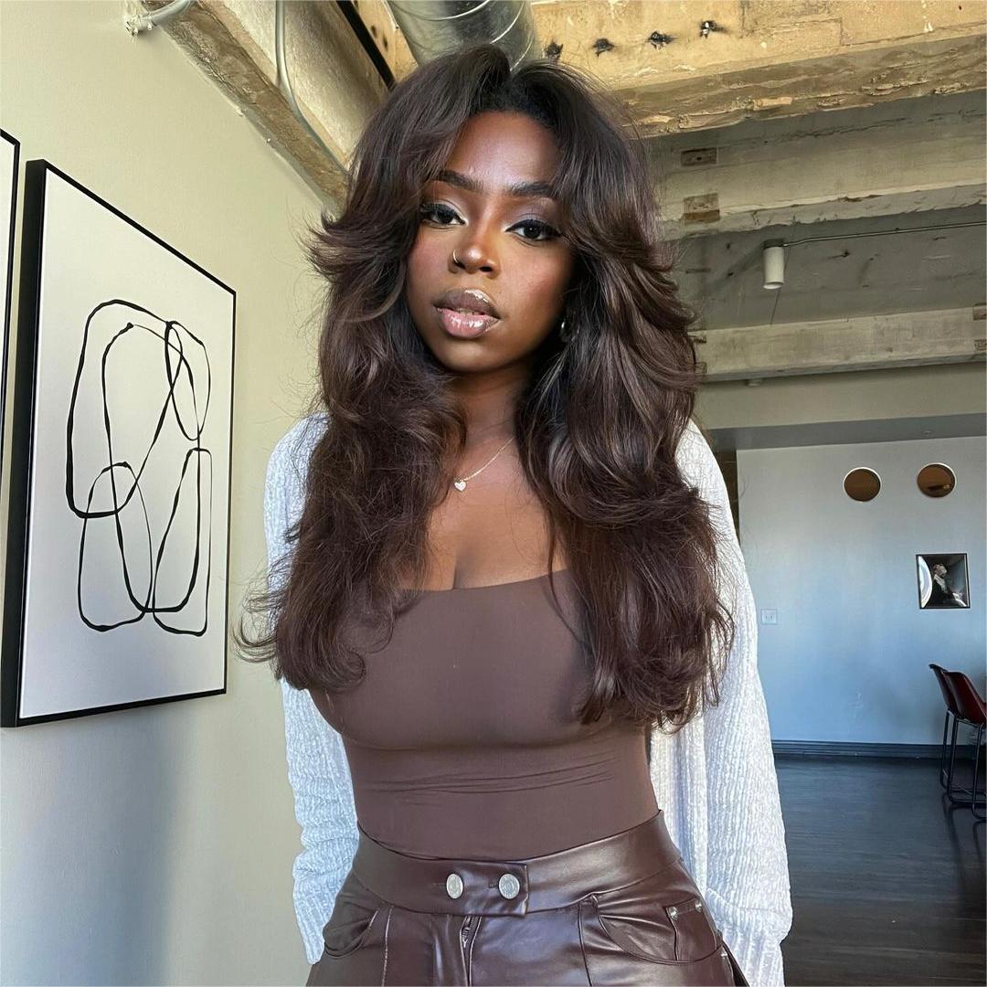 Cocoa Brown Layered Wavy With Curtain Bangs 5x5 Lace Closure Wig