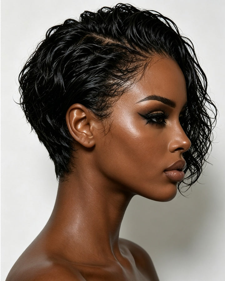 Wet Look Side-Swept Curly Pixie 13×6 Lace Front Wig