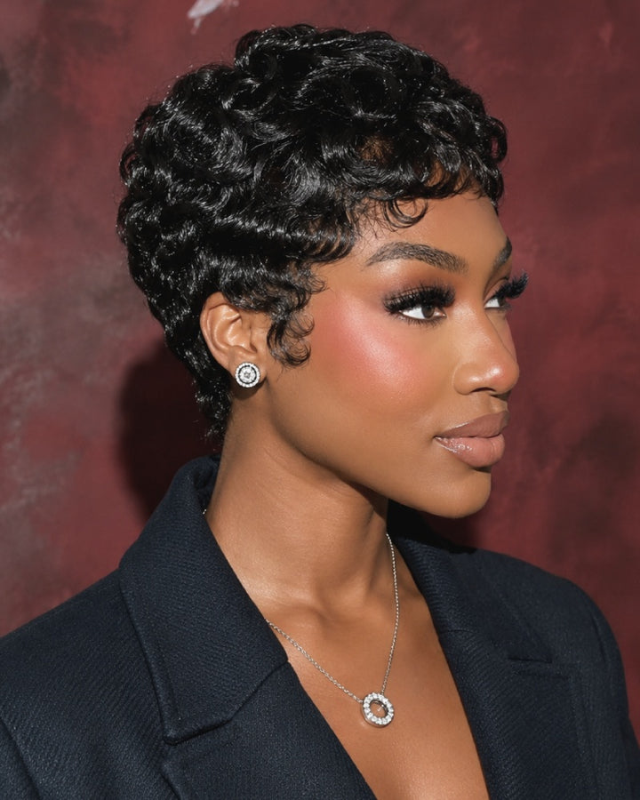 Vintage Glam Full Lace Short Finger Wave Pixie Cut Wig with Side Part