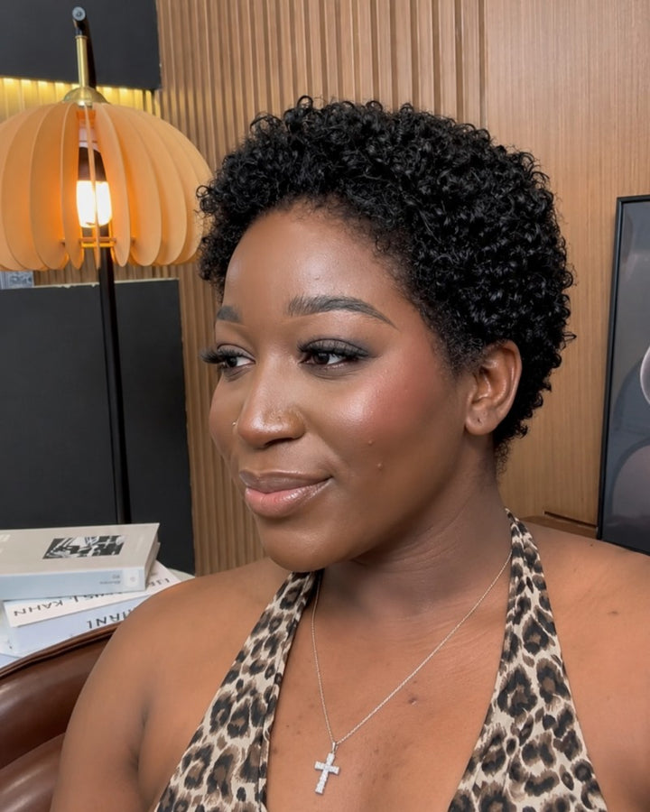 All-Day Comfort Black & Brown Short Curly Pixie 13×4 Lace Front Wig With Drawstring