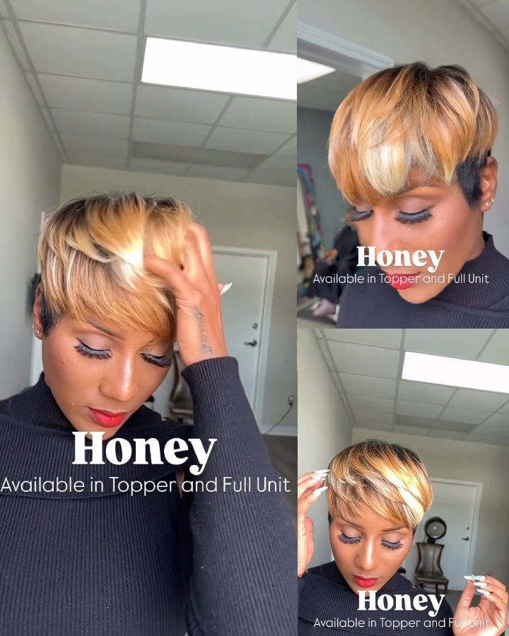 Short Honey Blonde Brown Highlight Bangs Wig Remy Hair