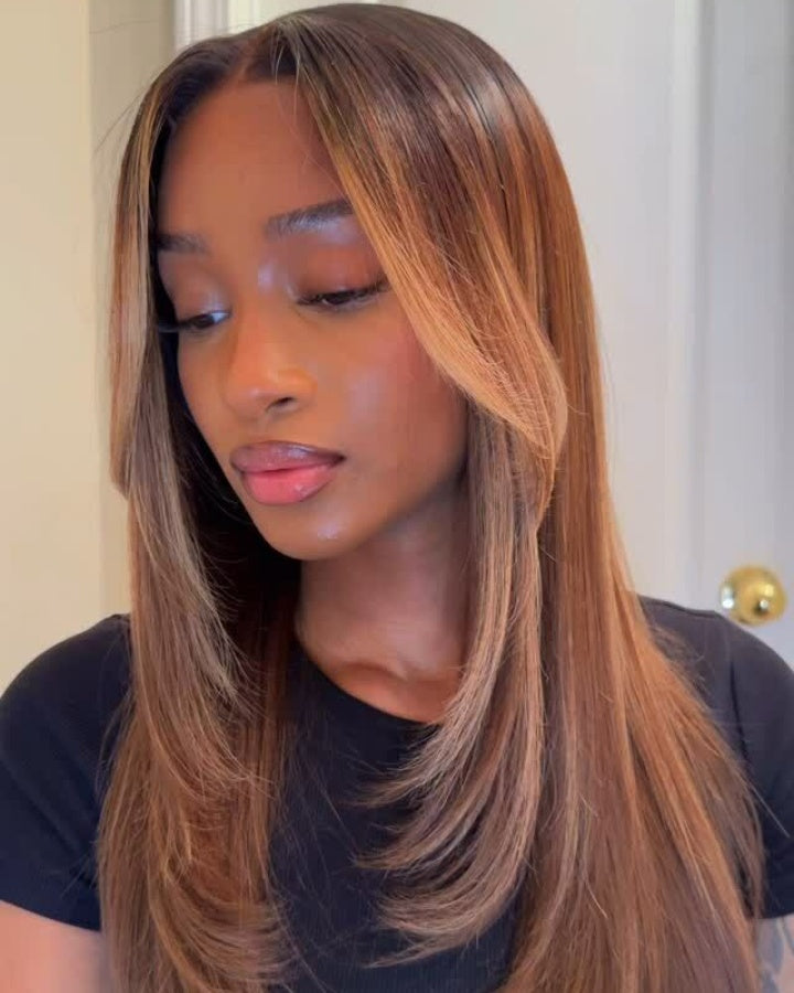 Highlighted Layered Wavy Golden Brown Lace Front Wig With Bangs