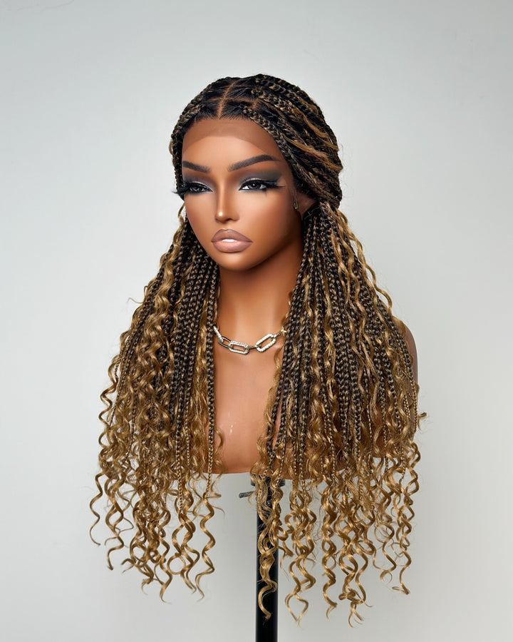 Tangleless Full Lace Bohemian Braided Curls Ombre Blonde Invisi Drawstring Wig