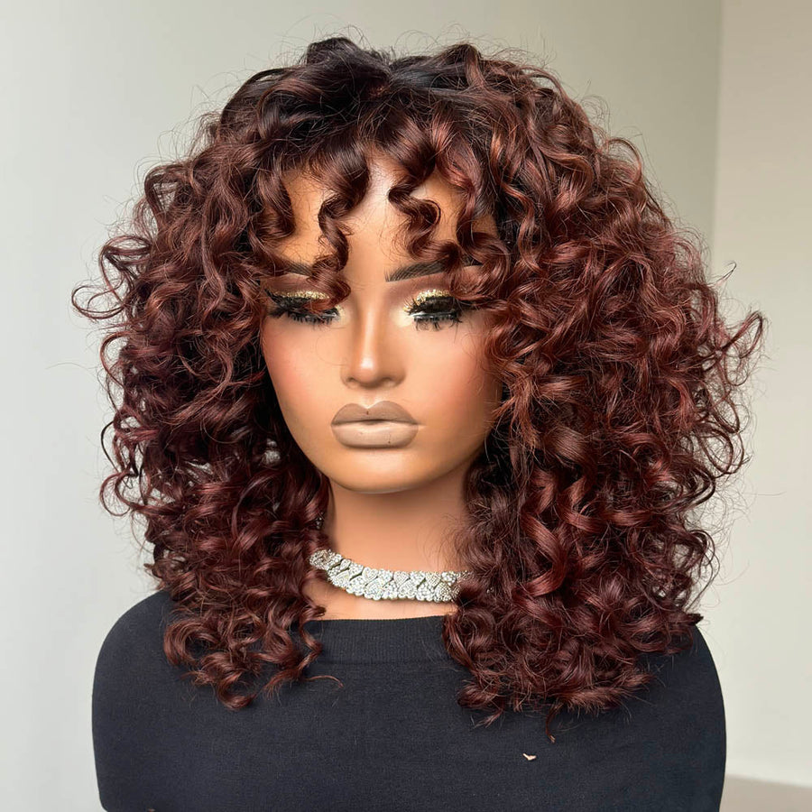 Glueless Ginger Brown Black Hair Root Curly Wig With Bangs