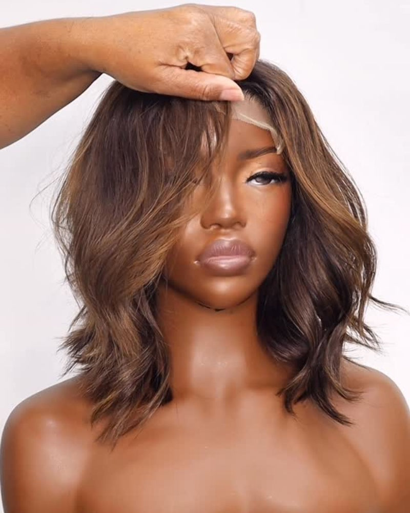 Glueless Brown Highlight Fluffy Bob Cut 5x5 Lace Closure Wig
