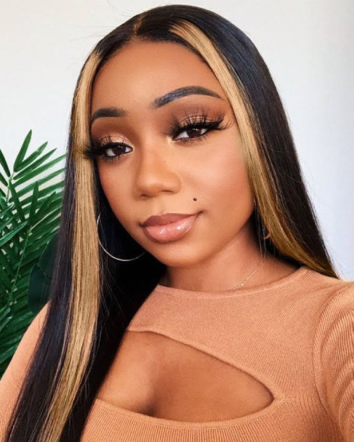 Skunk Stripe Blonde Straight Hair 5x5 Lace Closure Wig