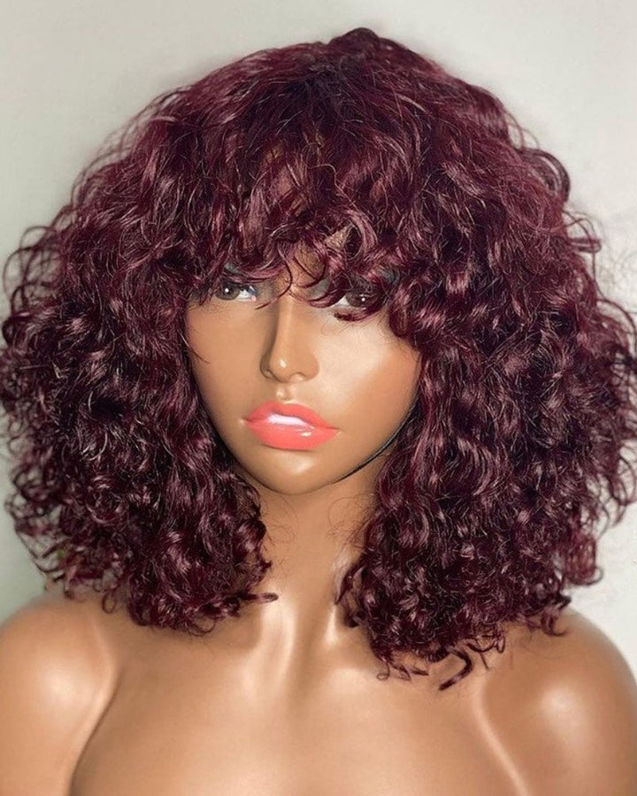 Beginner Friendly Glueless Burgundy Curly Bangs Wig