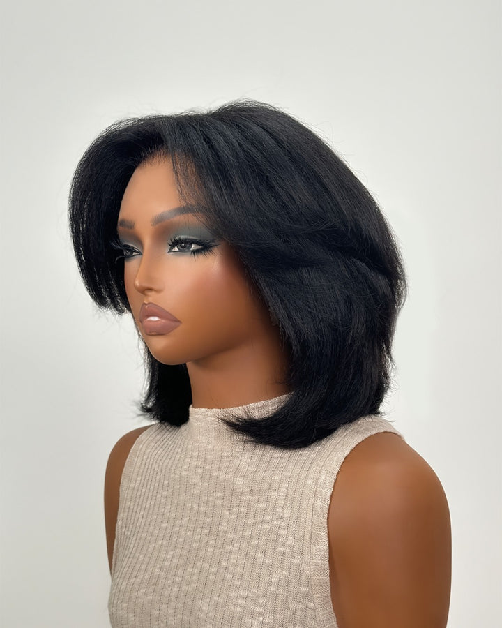 Natural Kinky Straight Layered Blowout Bob 5x5 Lace Closure Wig