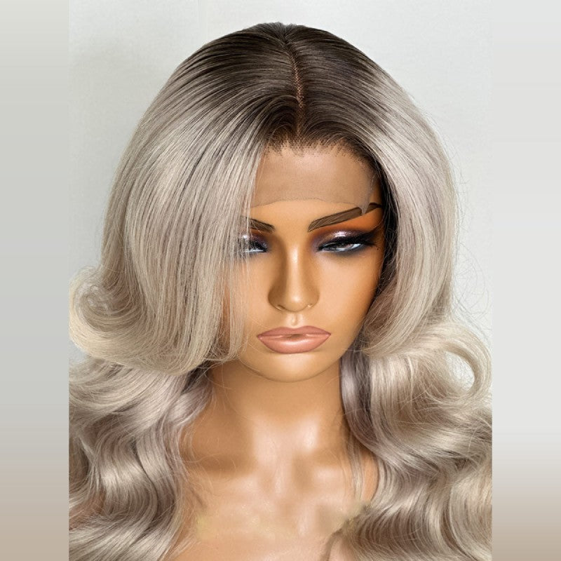 Ombre Ash Blonde Wavy Closure Wig With Dark Root 100% Human Hair