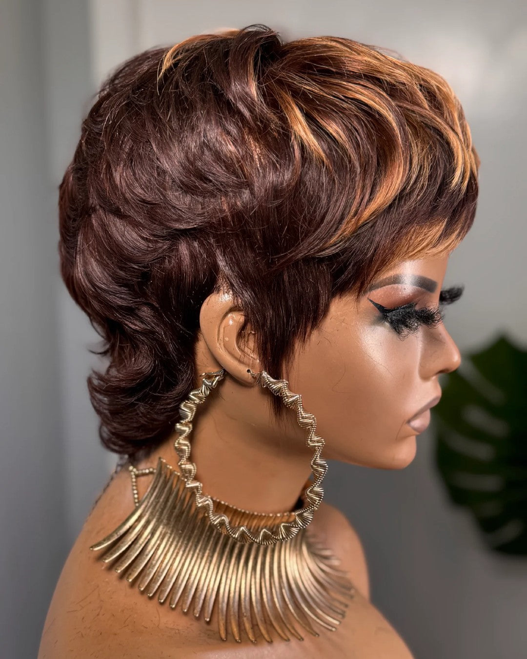 Glueless Shaggy Wolf Cut Red Brown Highlights Bangs Wig